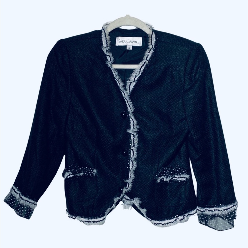 Sara Campbell Boucle Short Jacket Fringe Sequin Polka Dot Ruffle Trim, Size 2